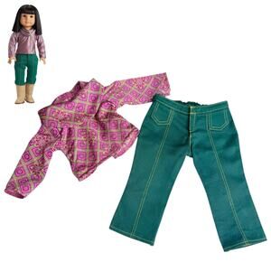 American Ivy Ling Meet Outfit Shirt Pants Set Satin Cowl Neck Green Denim Jeans